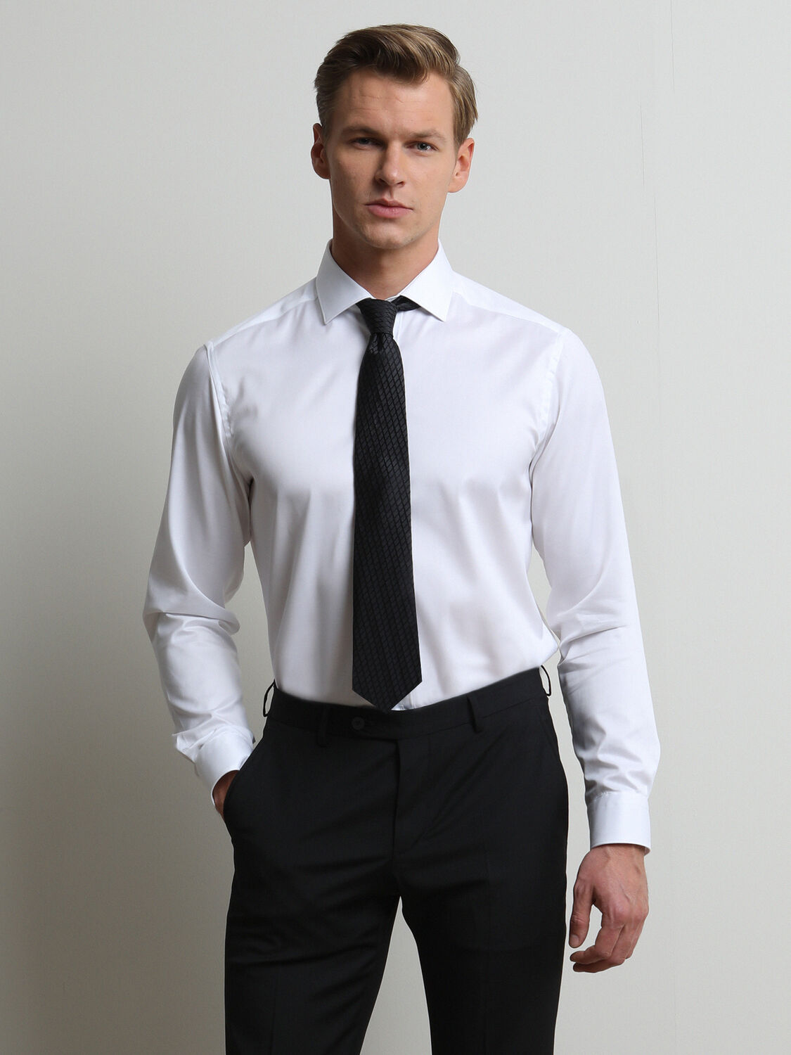 White Plain Regular Fit Weaving Classical 100% Cotton Shirt - 1