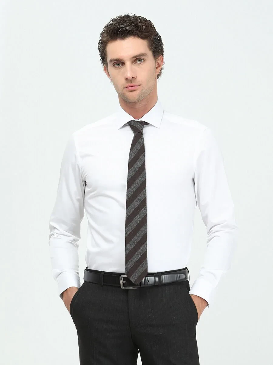 White Plain Regular Fit Weaving Classical 100% Cotton Shirt - 1