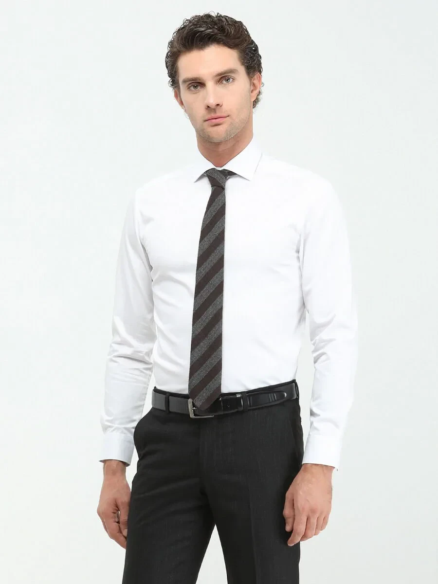 White Plain Regular Fit Weaving Classical 100% Cotton Shirt - 4