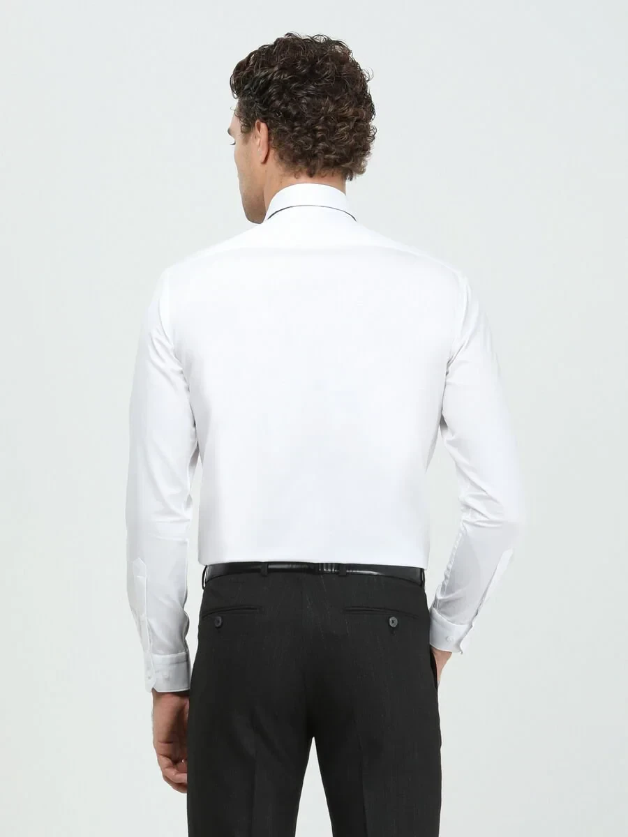 White Plain Regular Fit Weaving Classical 100% Cotton Shirt - 5