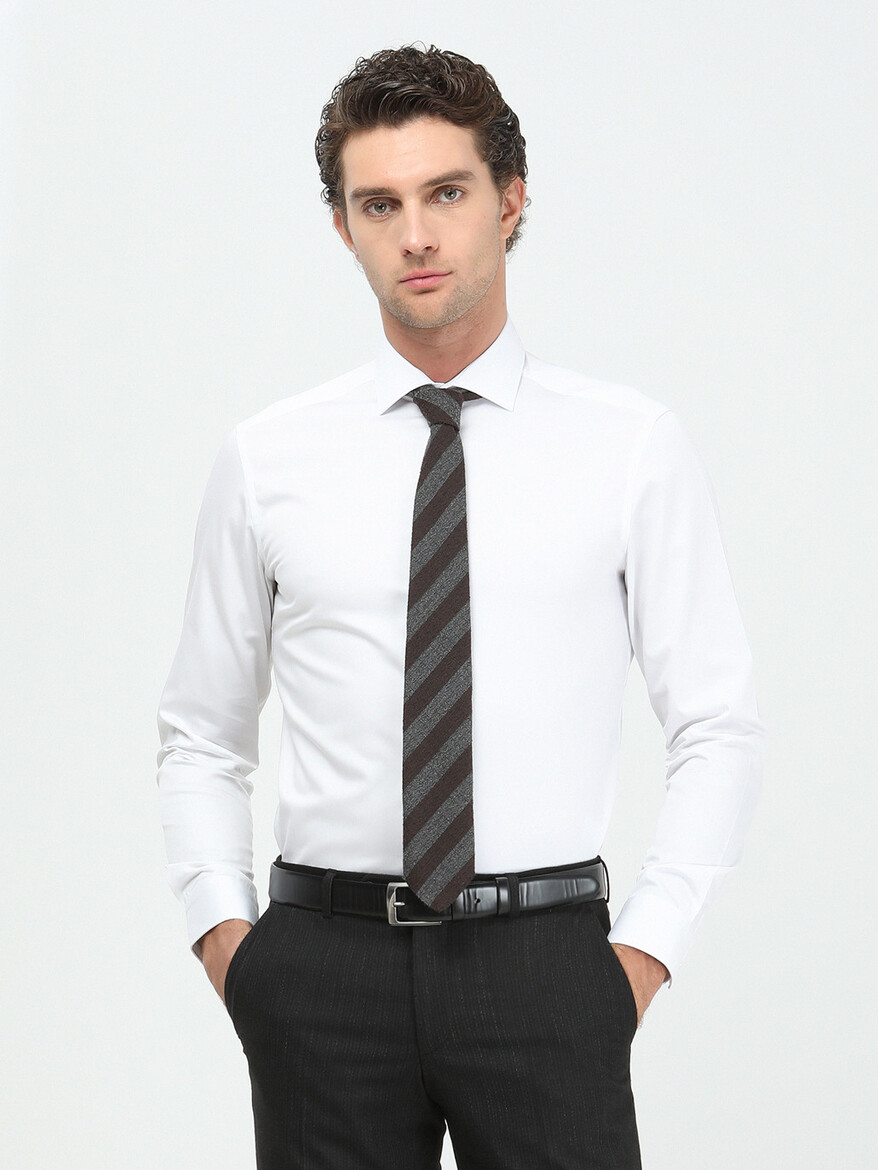 White Plain Regular Fit Weaving Classical 100% Cotton Shirt - 1