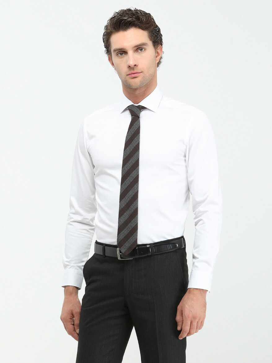 White Plain Regular Fit Weaving Classical 100% Cotton Shirt - 4