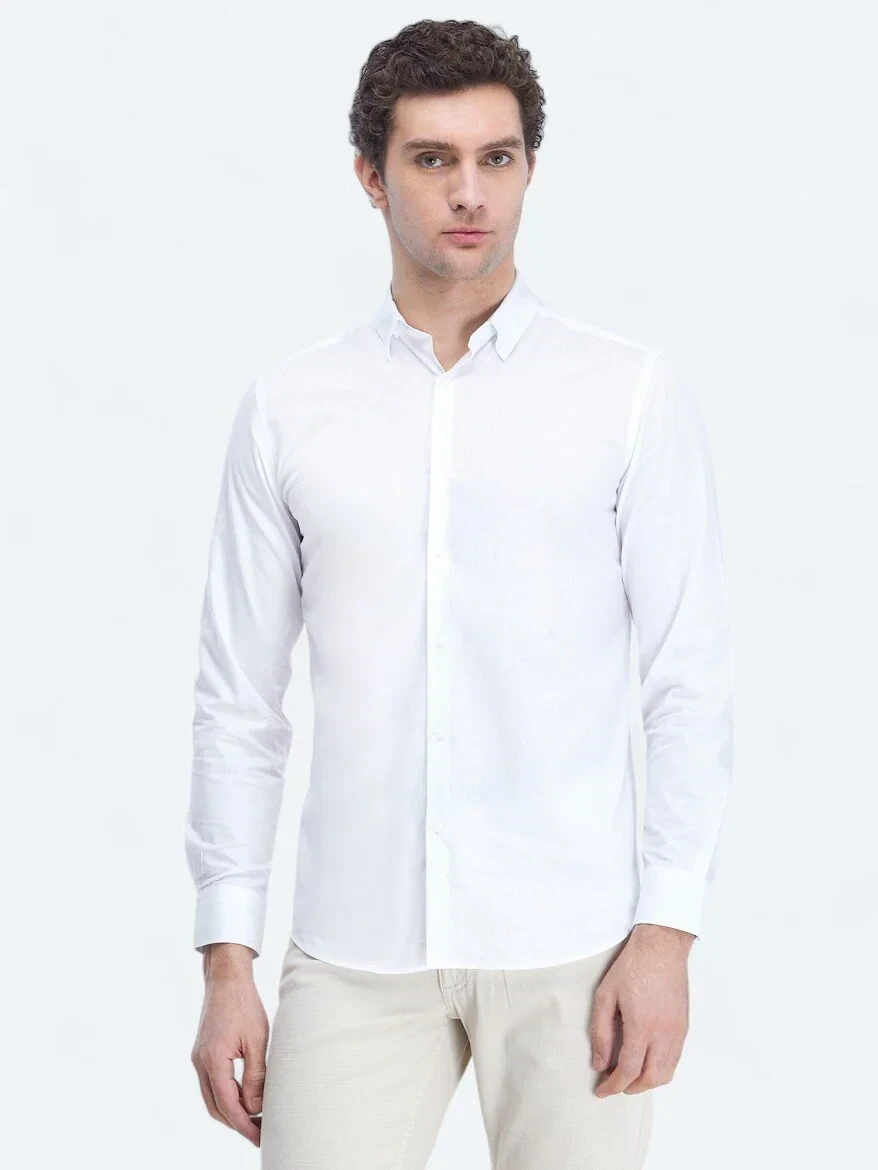 White Plain Regular Fit Weaving Classical 100% Cotton Shirt - 1