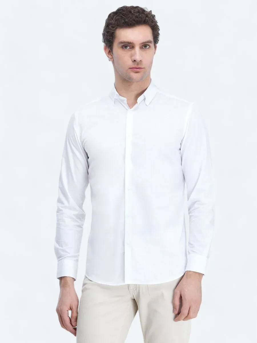 White Plain Regular Fit Weaving Classical 100% Cotton Shirt - 1