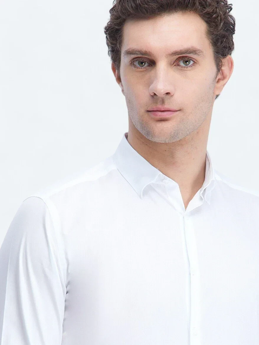 White Plain Regular Fit Weaving Classical 100% Cotton Shirt - 4