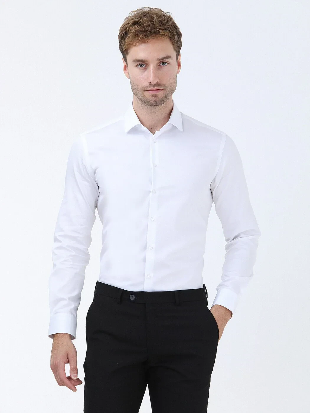 White Plain Regular Fit Weaving Classical 100% Cotton Shirt - 1
