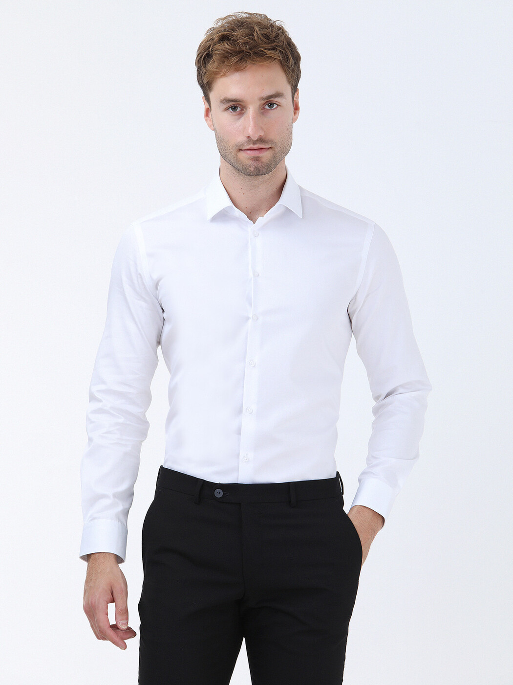 White Plain Regular Fit Weaving Classical 100% Cotton Shirt - 1