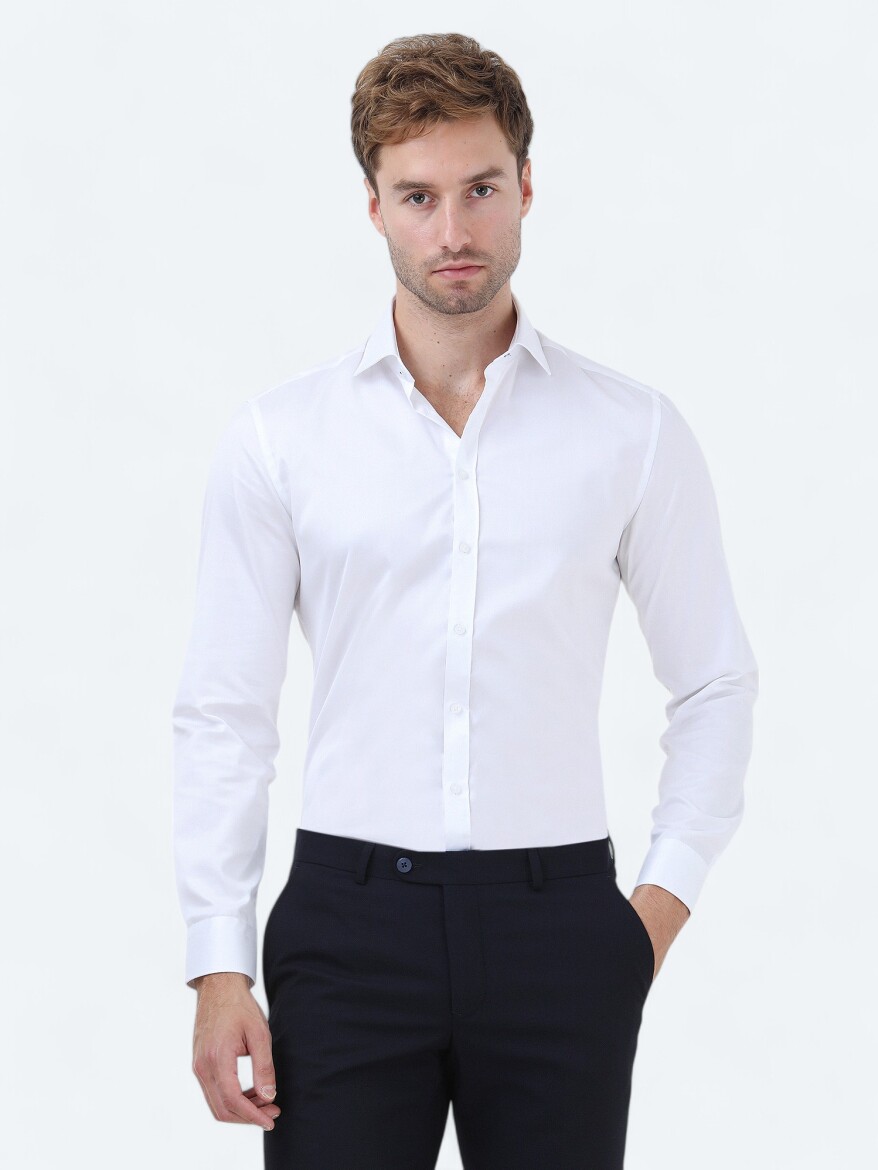 White Plain Regular Fit Weaving Classical 100% Cotton Shirt - 1