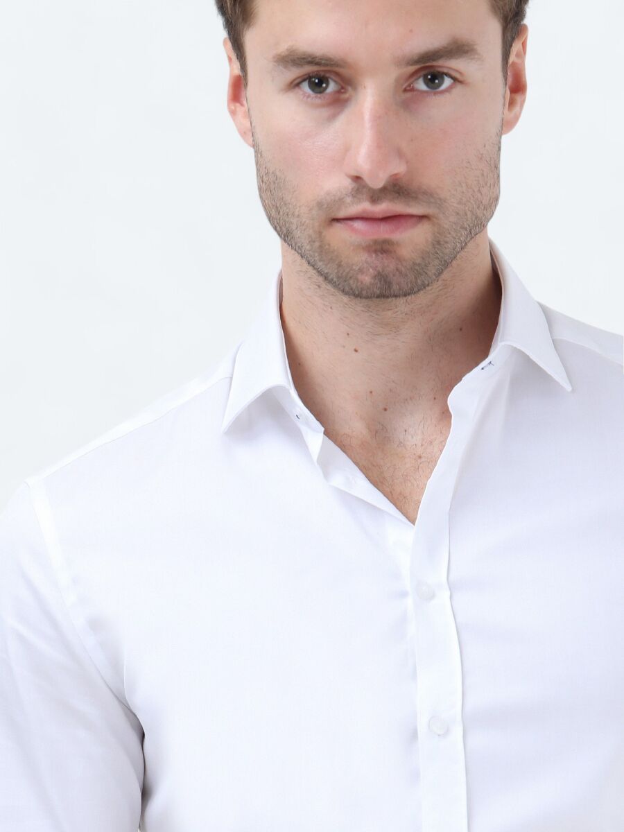White Plain Regular Fit Weaving Classical 100% Cotton Shirt - 4