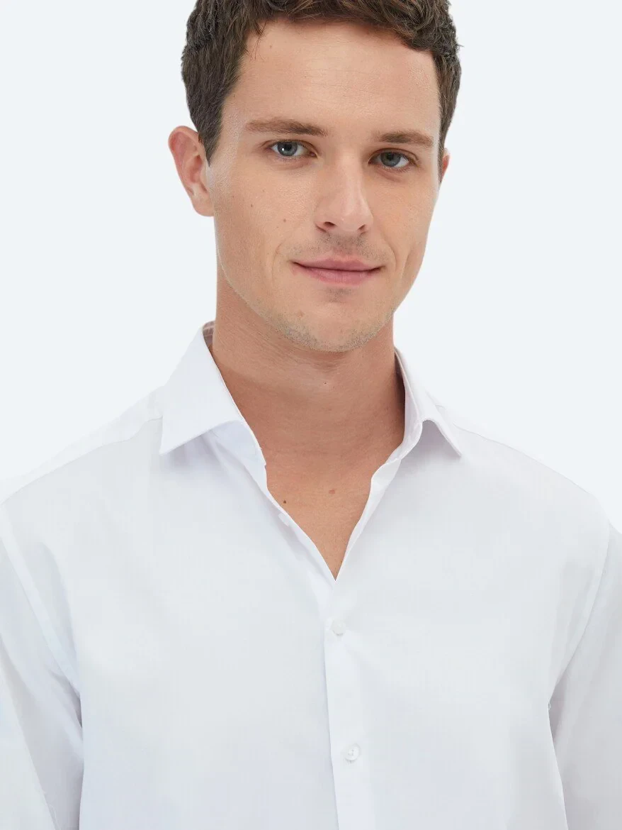 White Plain Regular Fit Weaving Classical 100% Cotton Shirt - 3
