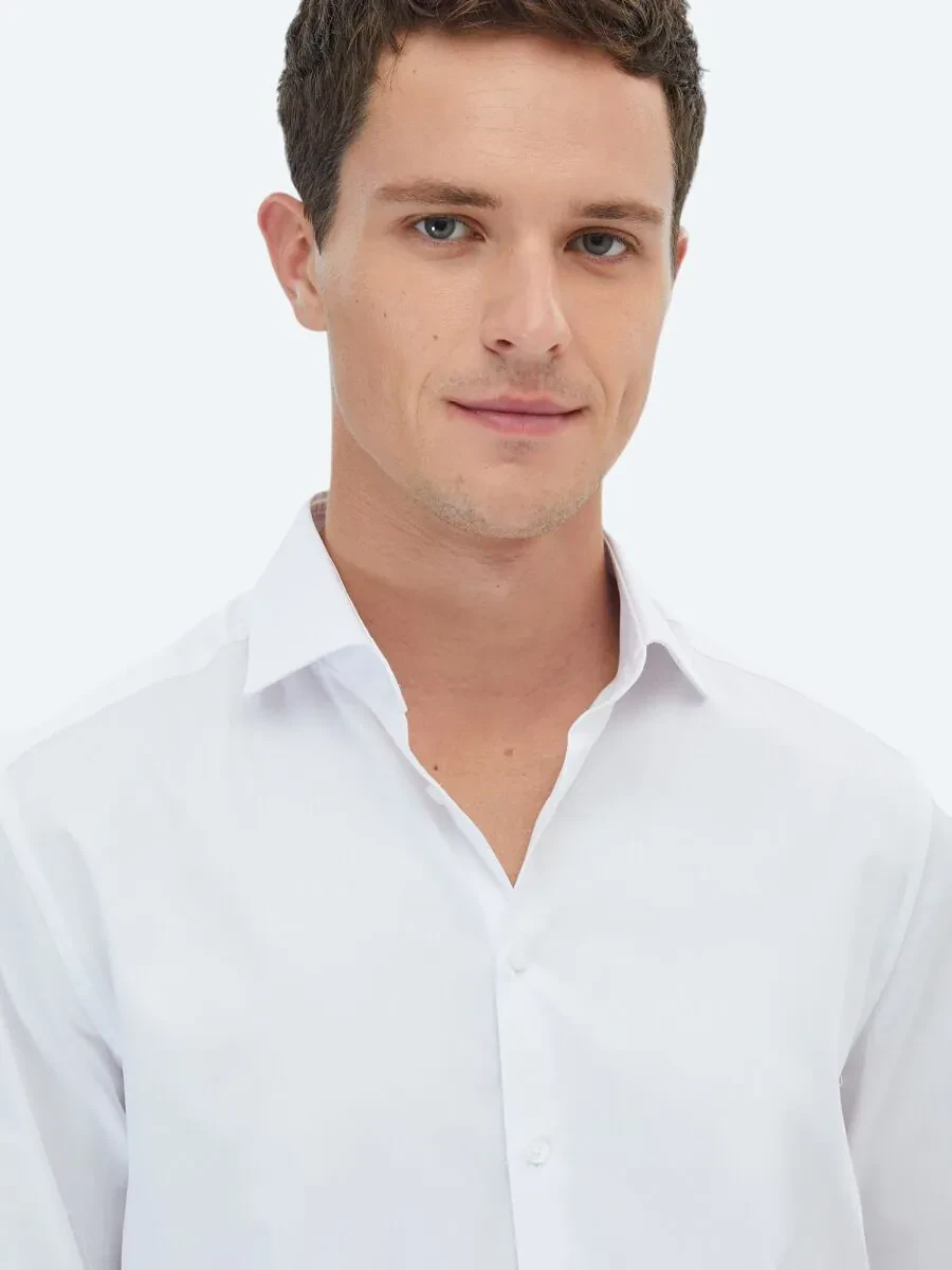 White Plain Regular Fit Weaving Classical 100% Cotton Shirt - 3