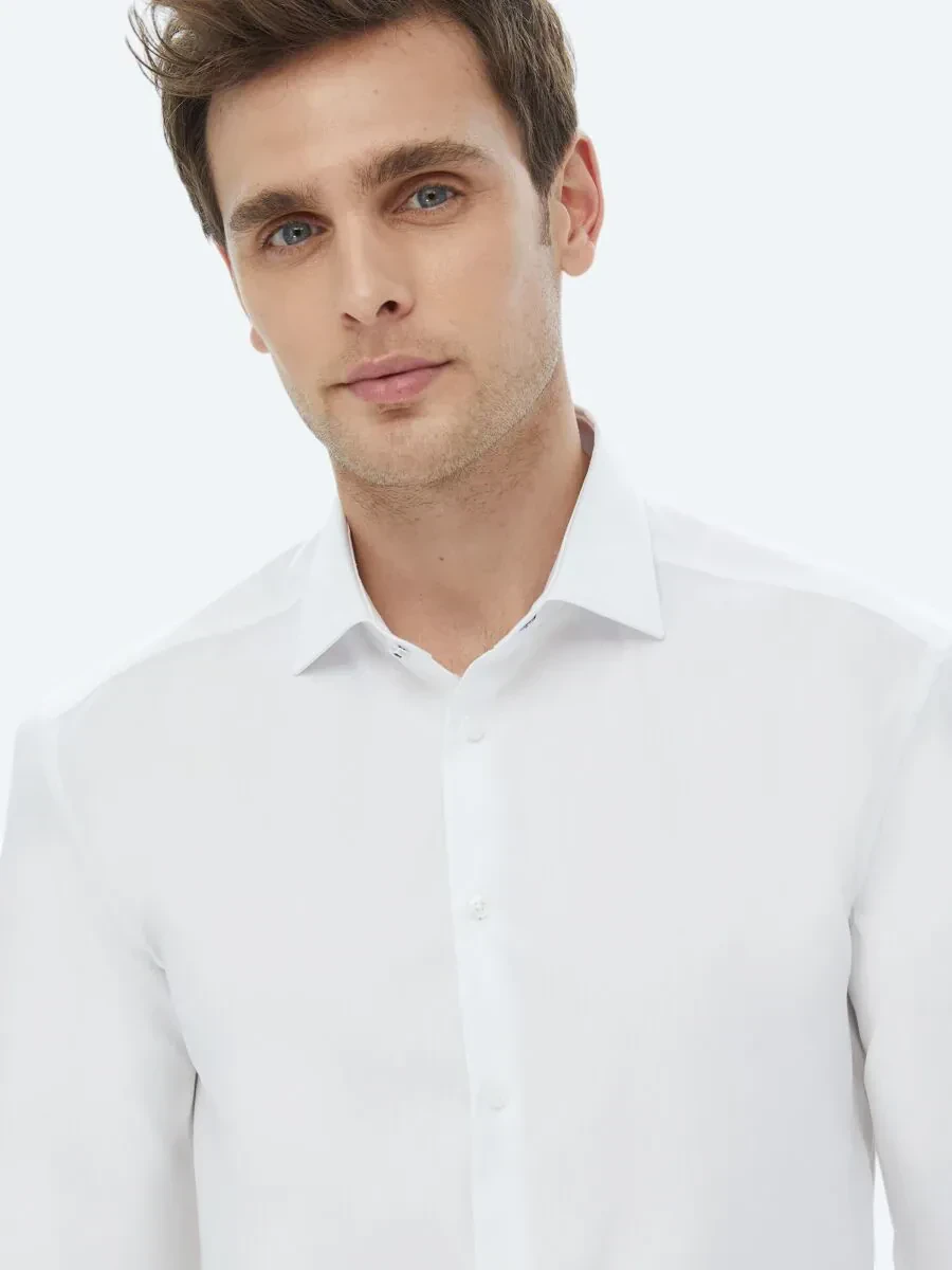 White Plain Regular Fit Weaving Classical 100% Cotton Shirt - 4