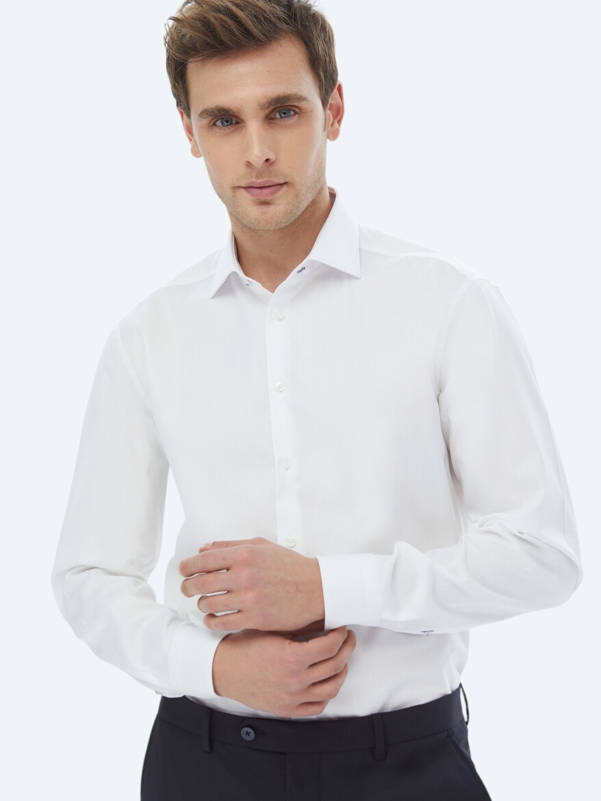 White Plain Regular Fit Weaving Classical 100% Cotton Shirt - 3