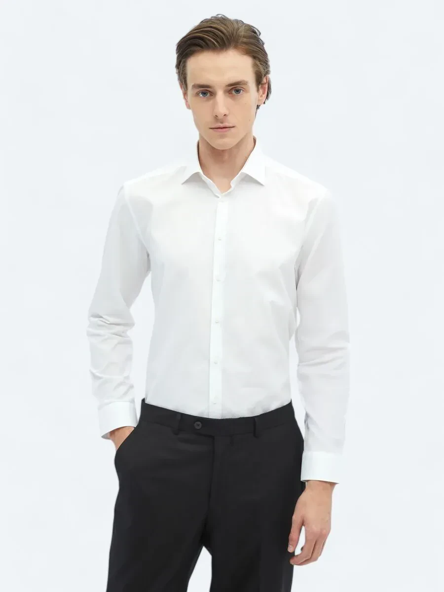 White Plain Regular Fit Weaving Classical 100% Cotton Shirt - 1