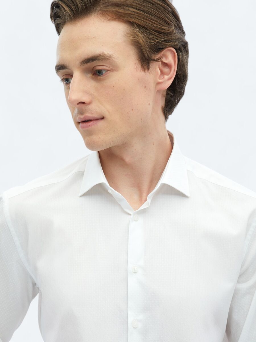 White Plain Regular Fit Weaving Classical 100% Cotton Shirt - 3