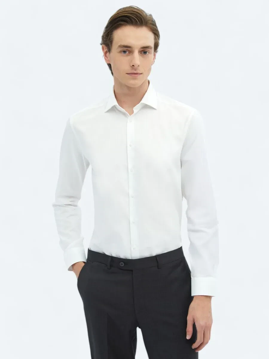 White Plain Regular Fit Weaving Classical 100% Cotton Shirt - 1