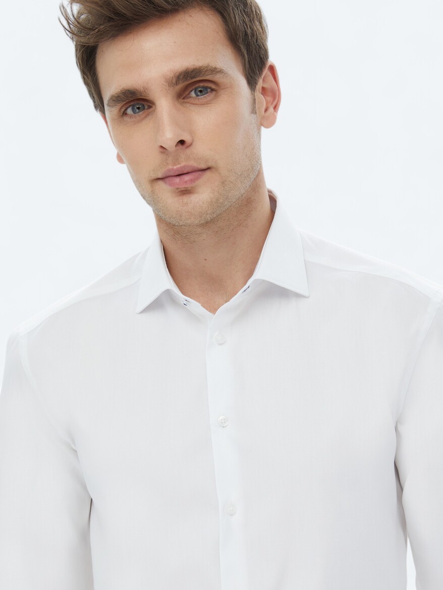 White Plain Regular Fit Weaving Classical 100% Cotton Shirt - 3
