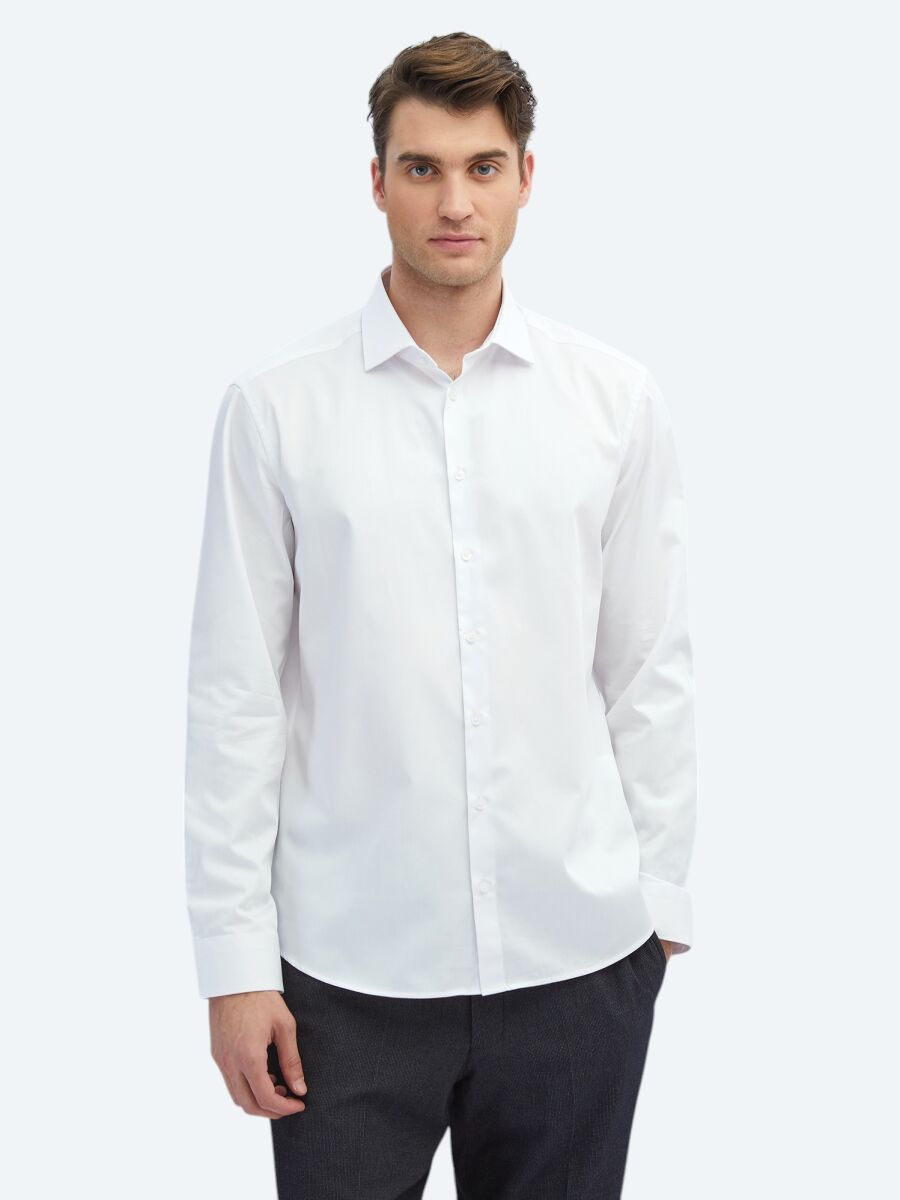 White Plain Regular Fit Weaving Classical 100% Cotton Shirt - 1