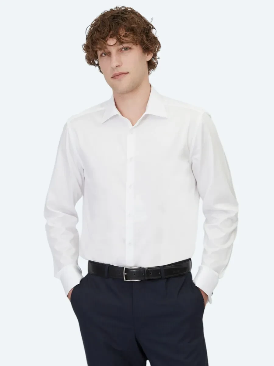 White Plain Regular Fit Weaving Classical 100% Cotton Shirt - 1