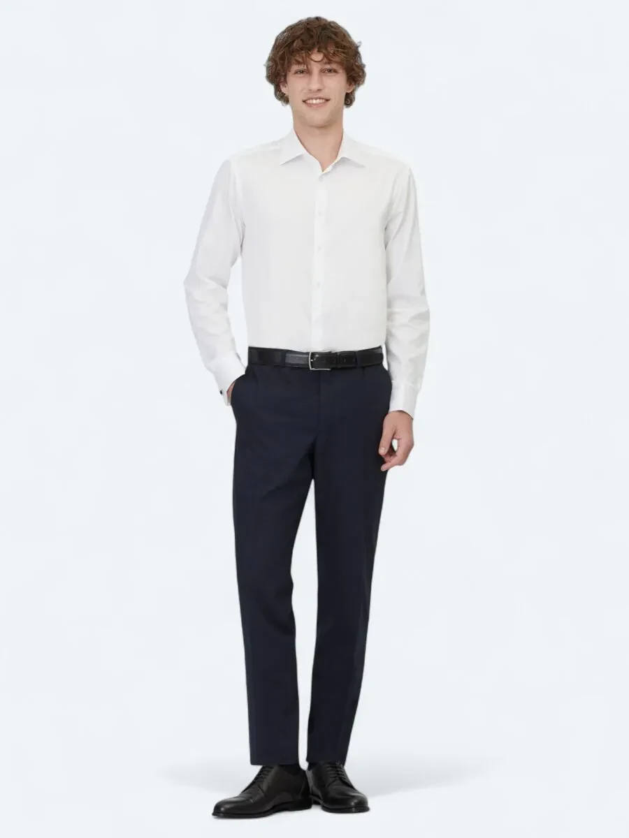 White Plain Regular Fit Weaving Classical 100% Cotton Shirt - 2