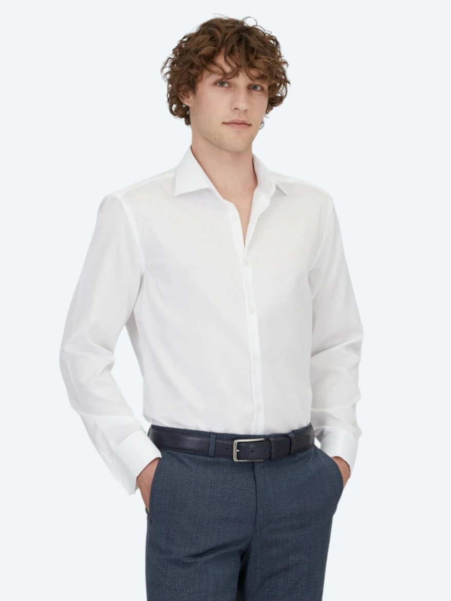 White Plain Regular Fit Weaving Classical 100% Cotton Shirt - 1