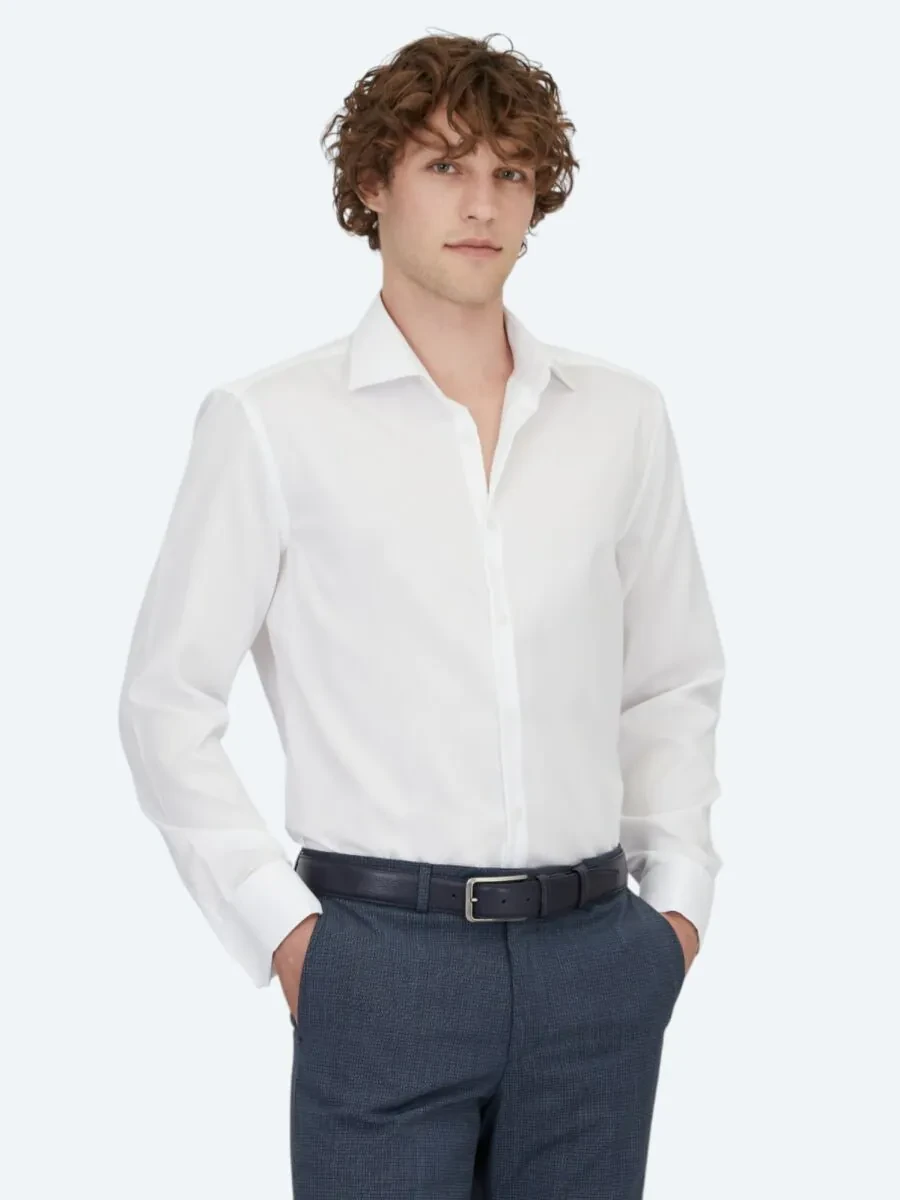 White Plain Regular Fit Weaving Classical 100% Cotton Shirt - 1