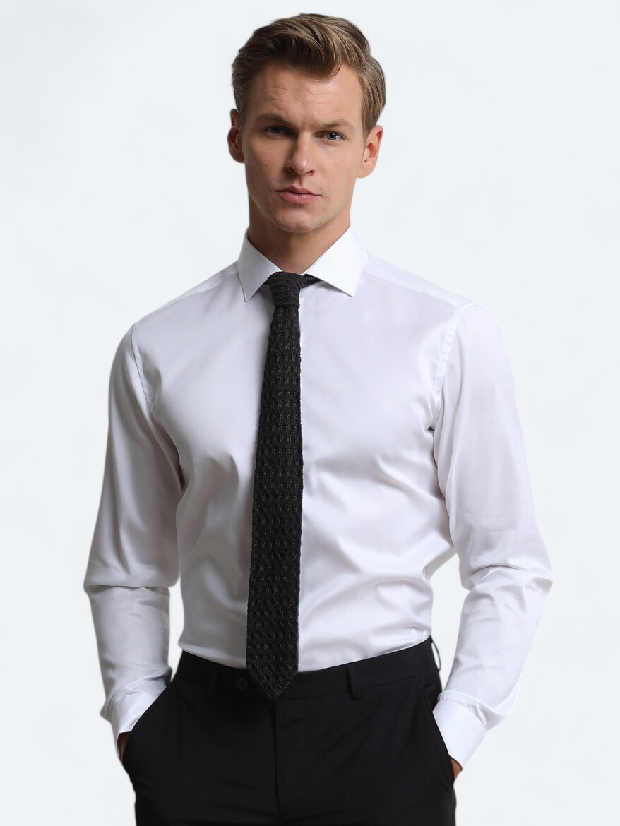 White Plain Regular Fit Weaving Classical 100% Cotton Shirt - 1