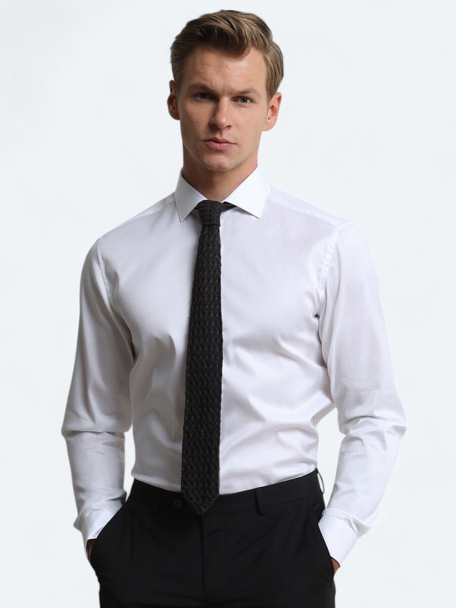 White Plain Regular Fit Weaving Classical 100% Cotton Shirt - 1