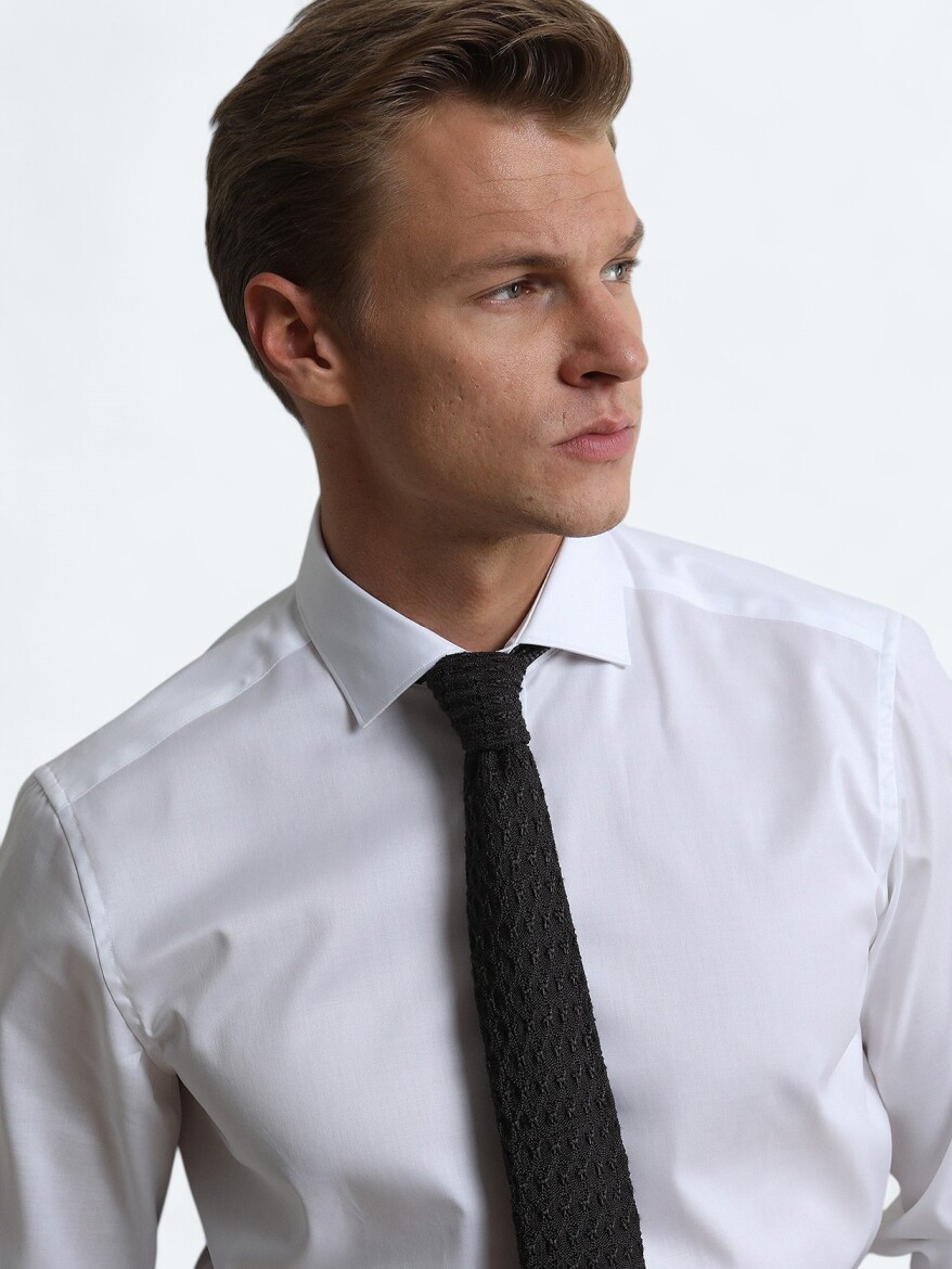 White Plain Regular Fit Weaving Classical 100% Cotton Shirt - 2