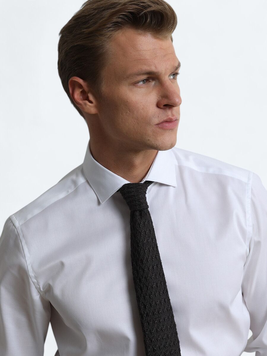 White Plain Regular Fit Weaving Classical 100% Cotton Shirt - 2