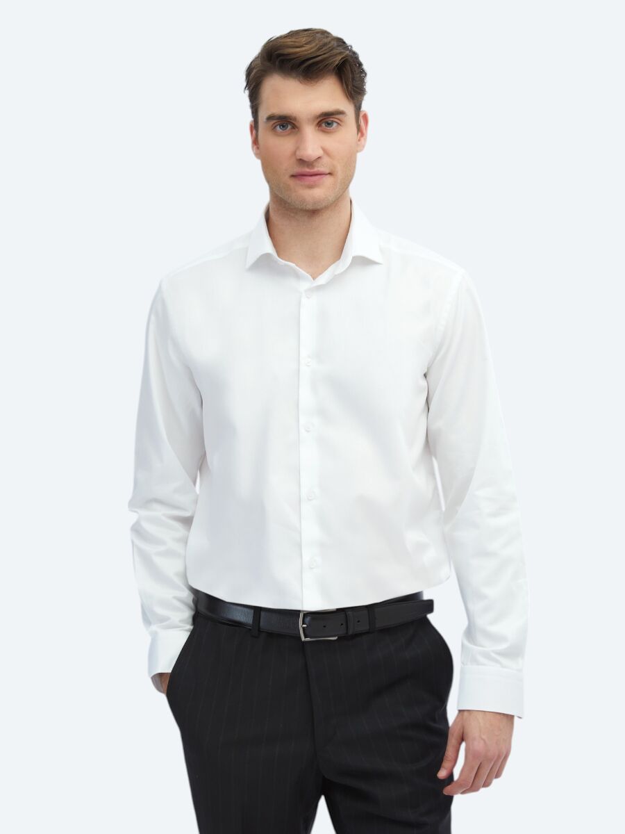 White Plain Regular Fit Weaving Classical 100% Cotton Shirt - 1