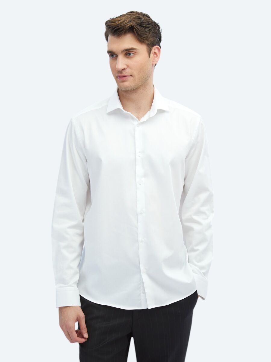 White Plain Regular Fit Weaving Classical 100% Cotton Shirt - 3