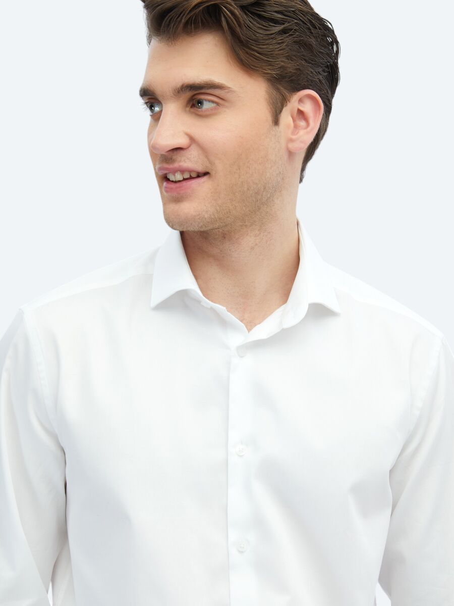 White Plain Regular Fit Weaving Classical 100% Cotton Shirt - 4
