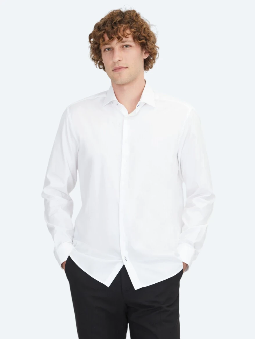 White Plain Regular Fit Weaving Classical 100% Cotton Shirt - 1