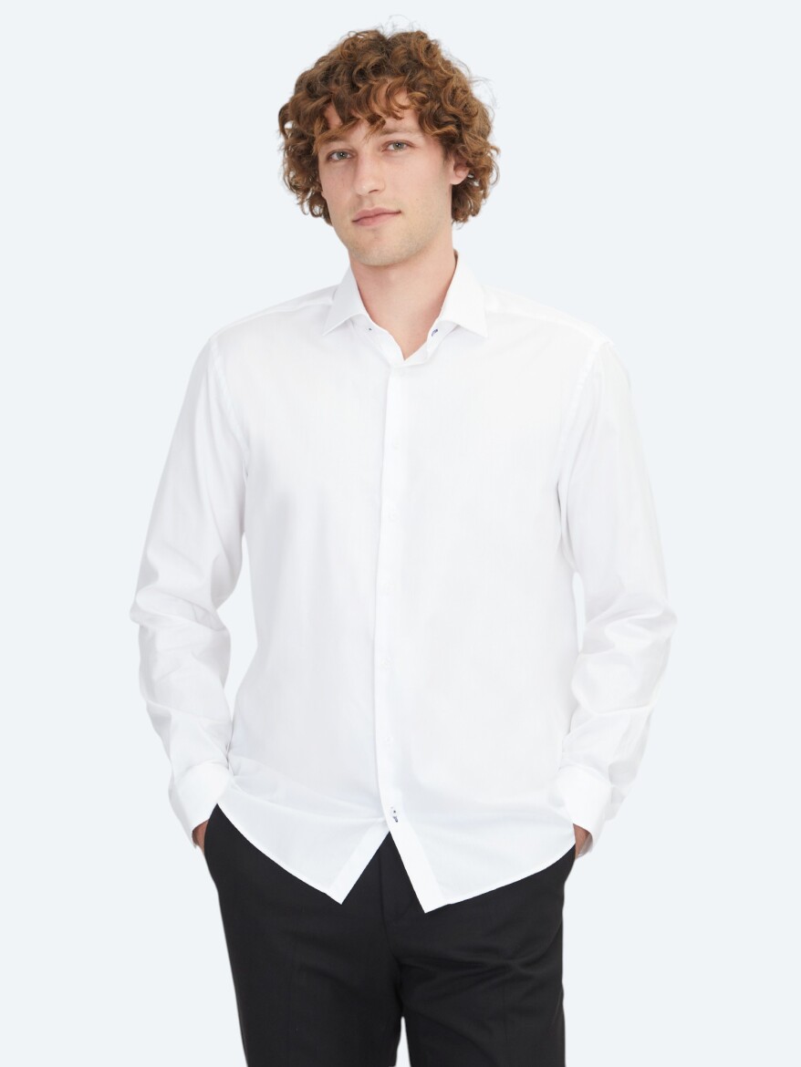 White Plain Regular Fit Weaving Classical 100% Cotton Shirt - 1