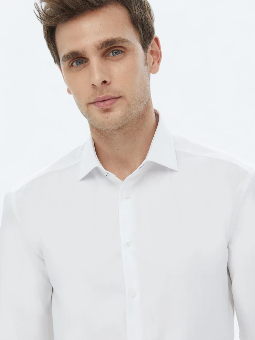 White Plain Regular Fit Weaving Classical 100% Cotton Shirt - 2