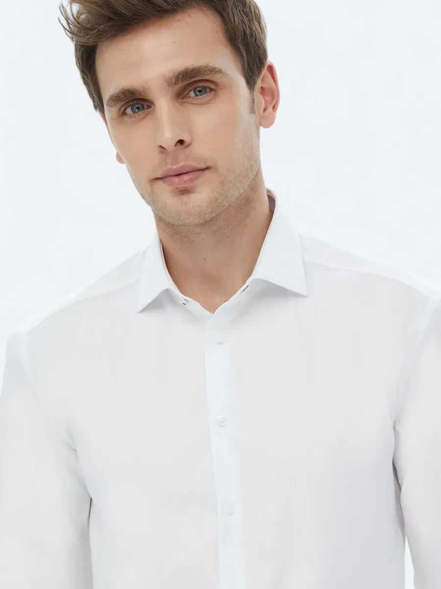 White Plain Regular Fit Weaving Classical 100% Cotton Shirt - 2