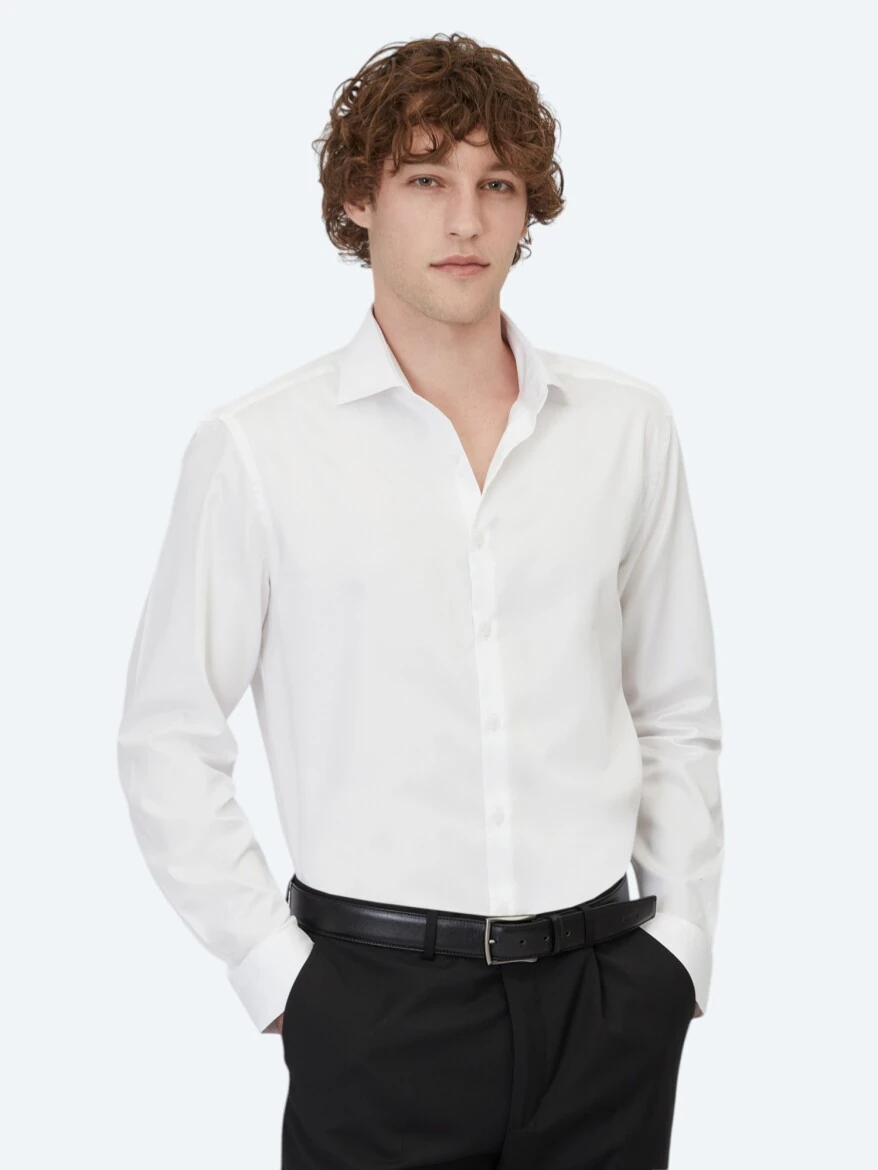 White Plain Regular Fit Weaving Classical 100% Cotton Shirt - 3