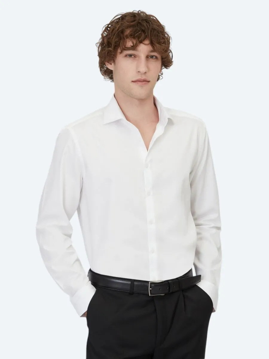 White Plain Regular Fit Weaving Classical 100% Cotton Shirt - 3