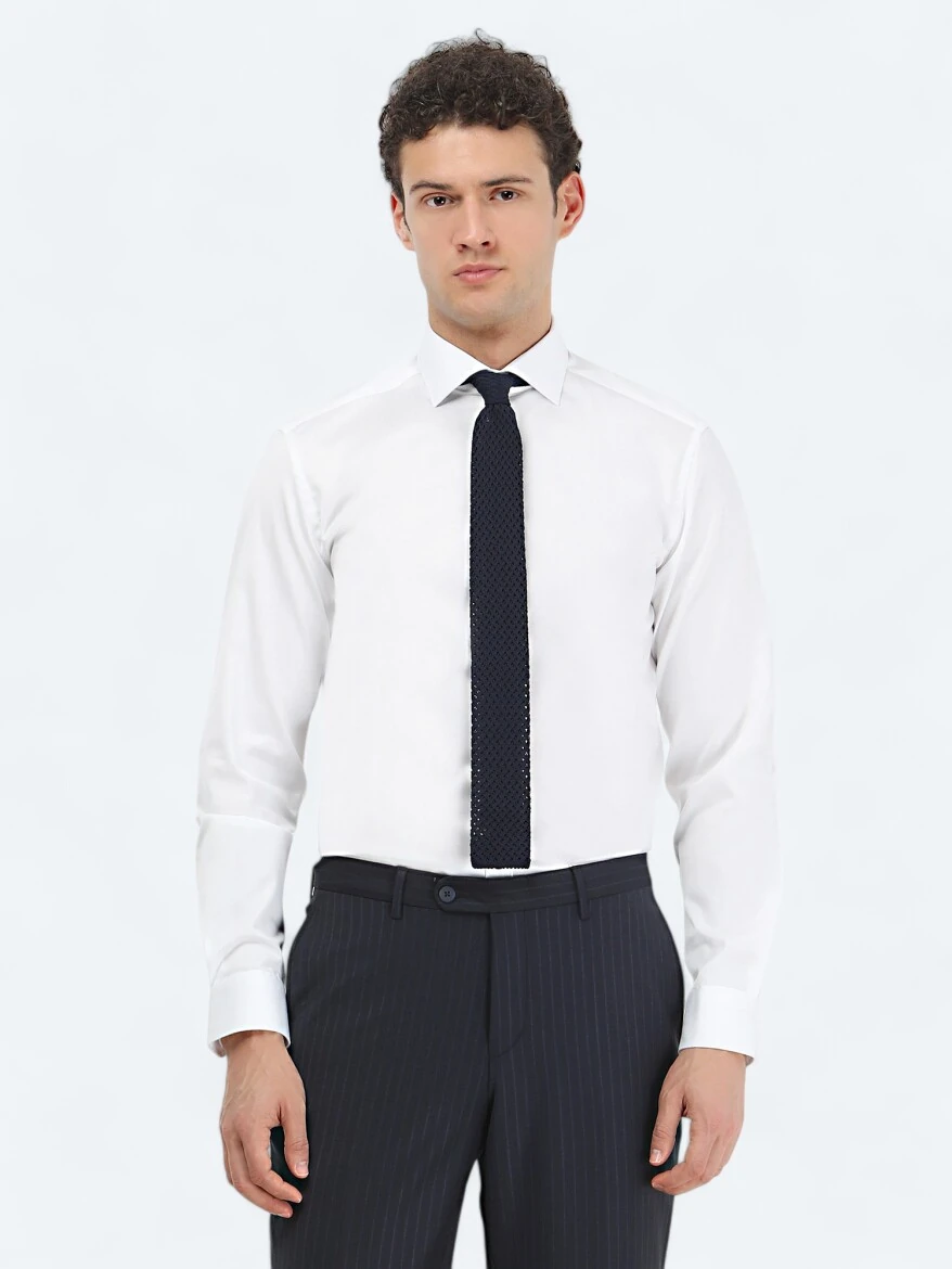 White Plain Regular Fit Weaving Classical 100% Cotton Shirt - 1