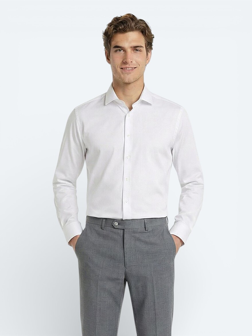 White Plain Regular Fit Weaving Classical 100% Cotton Shirt - KİP