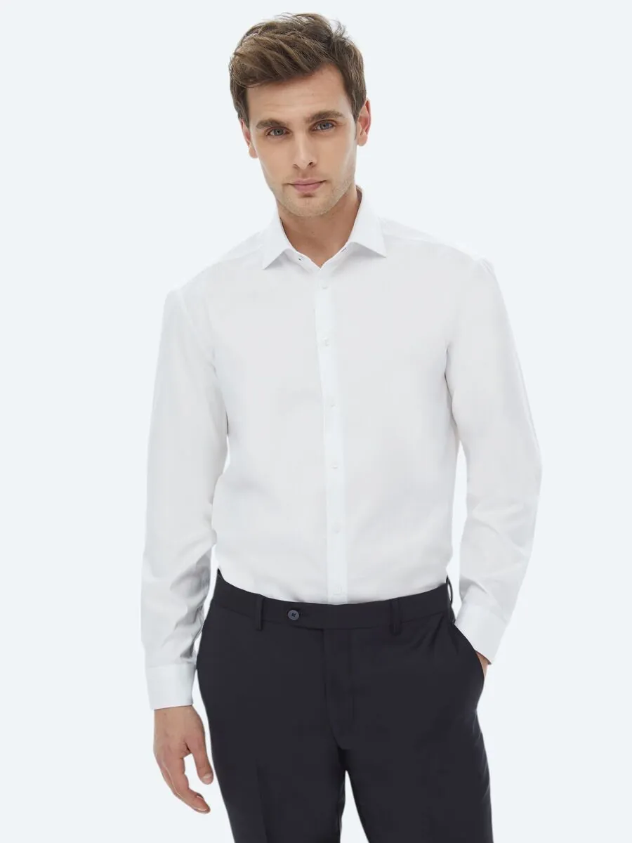 White Plain Regular Fit Weaving Classical 100% Cotton Shirt - 1