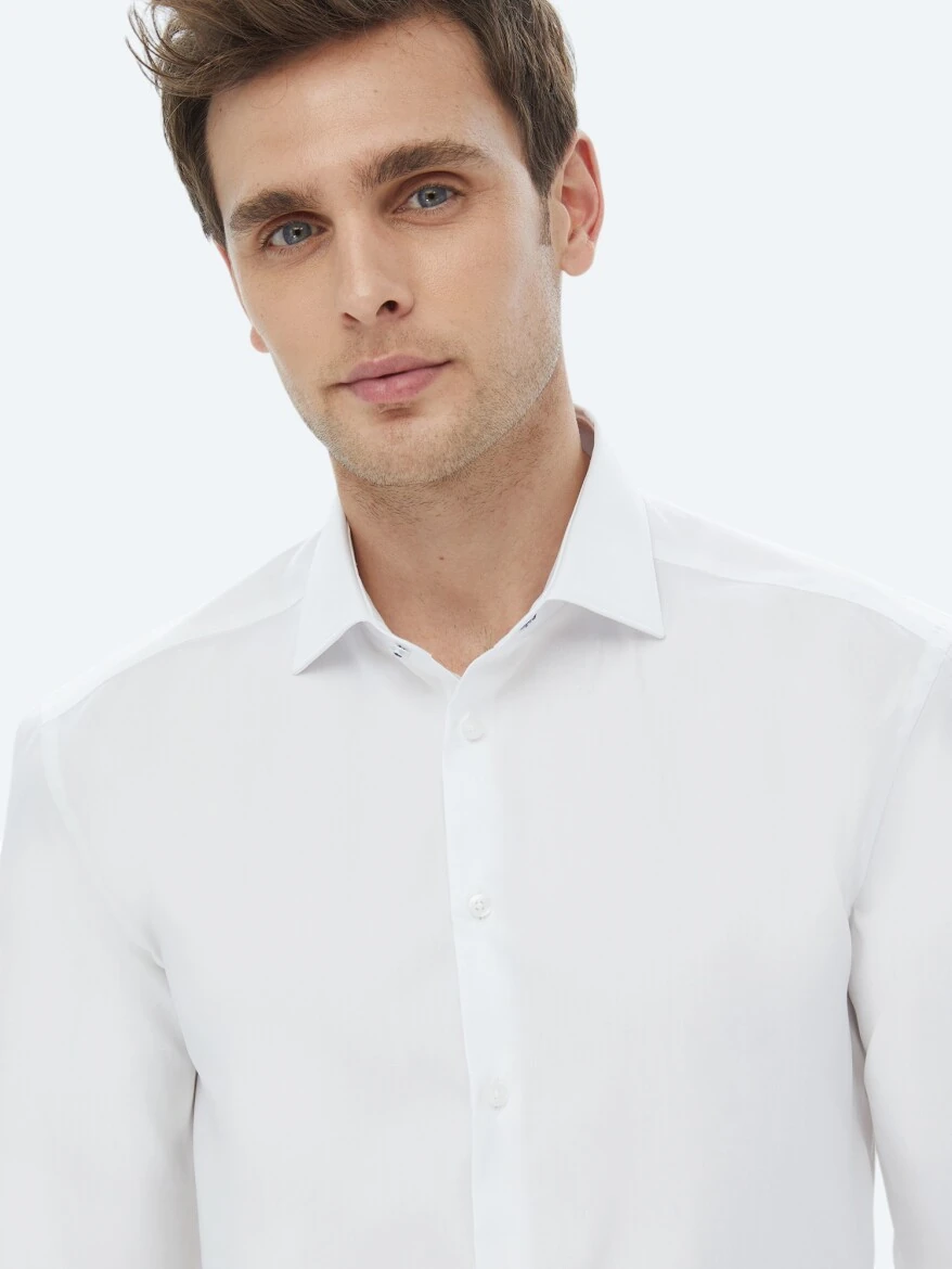 White Plain Regular Fit Weaving Classical 100% Cotton Shirt - 3