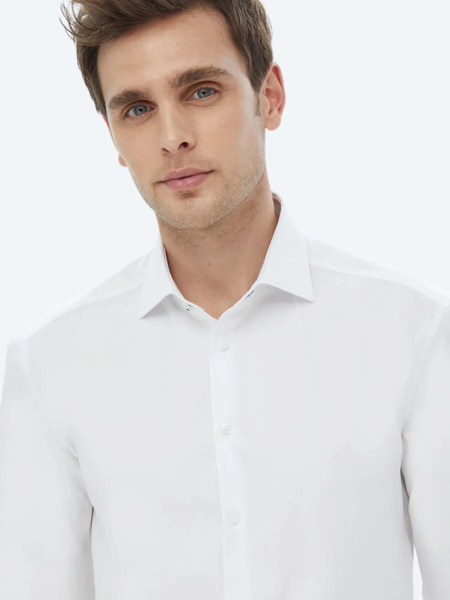 White Plain Regular Fit Weaving Classical 100% Cotton Shirt - 3