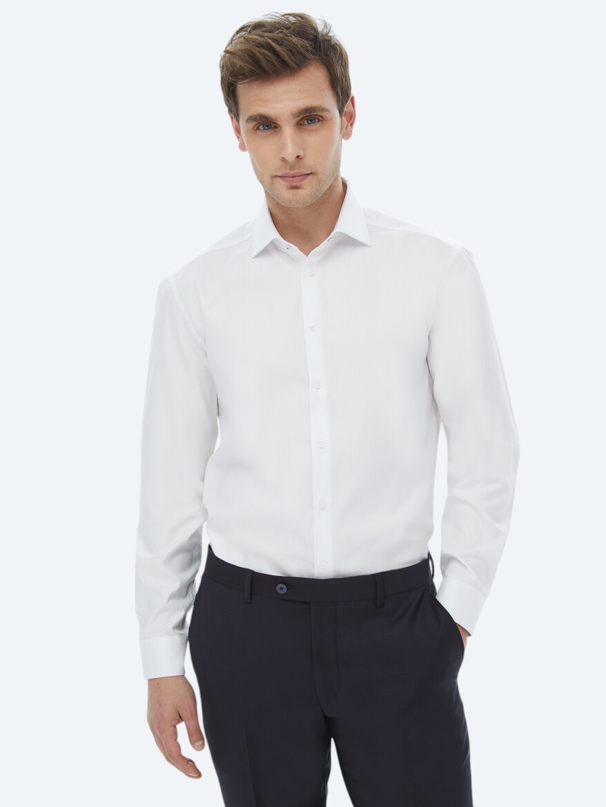 White Plain Regular Fit Weaving Classical 100% Cotton Shirt - 1