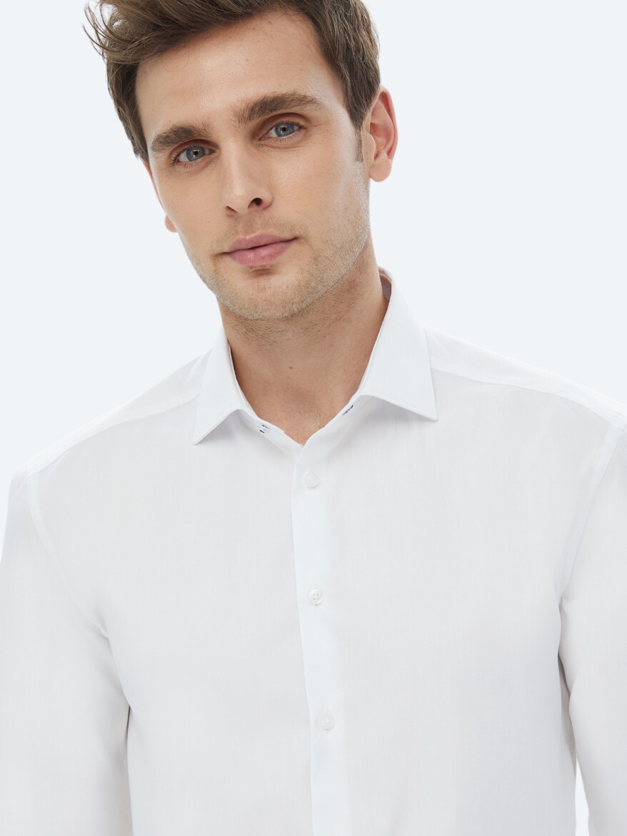 White Plain Regular Fit Weaving Classical 100% Cotton Shirt - 3