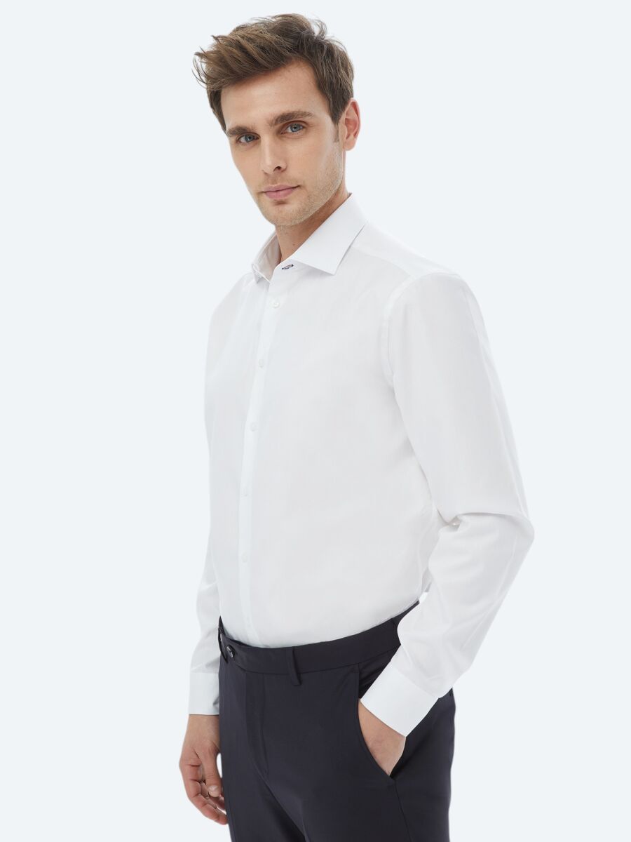 White Plain Regular Fit Weaving Classical 100% Cotton Shirt - 4