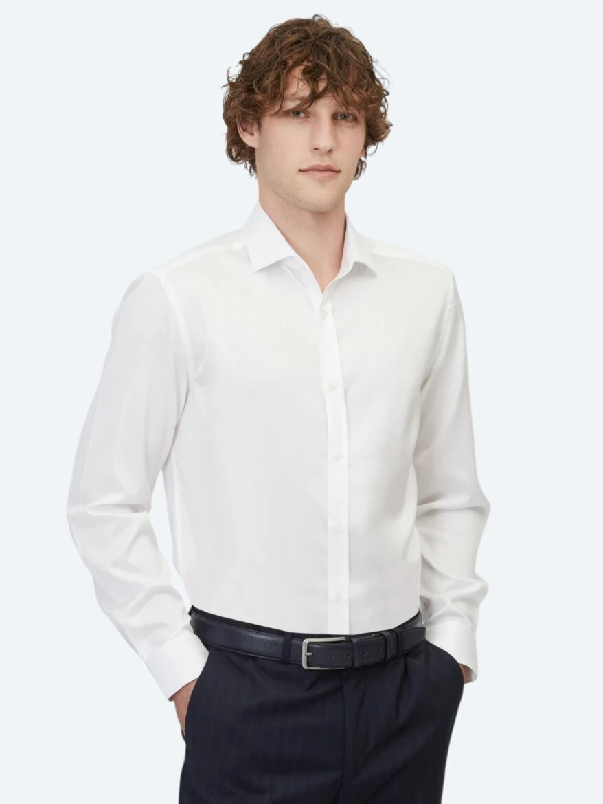 White Plain Regular Fit Weaving Classical 100% Cotton Shirt - 1
