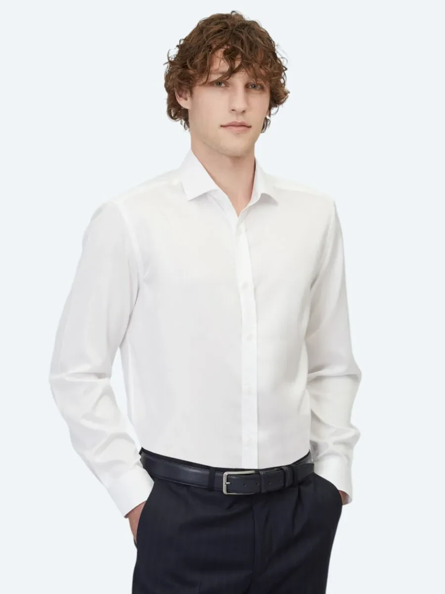 White Plain Regular Fit Weaving Classical 100% Cotton Shirt - 1
