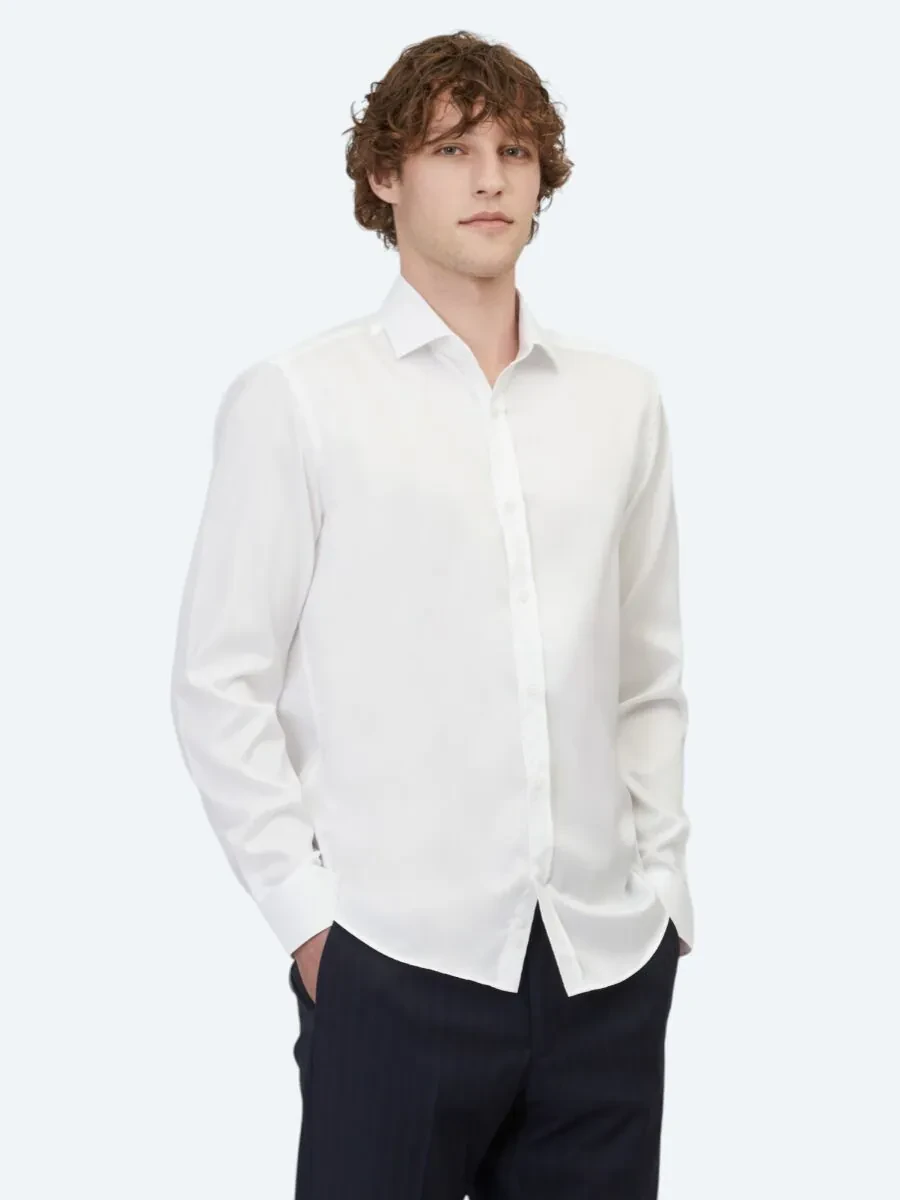 White Plain Regular Fit Weaving Classical 100% Cotton Shirt - 3